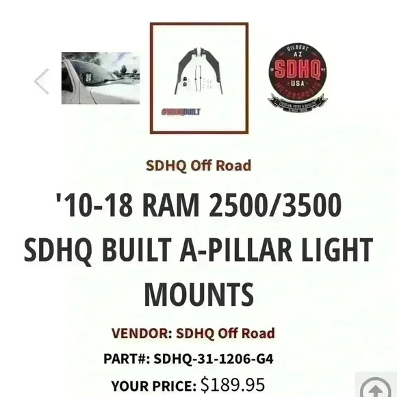 '10-18 RAM 2500/3500 SDHQ BUILT A-PILLAR LIGHT MOUNTS - Picture 7 of 9